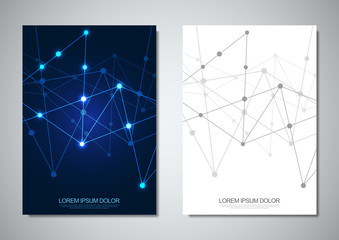 Brochure template or cover design. Digital technology with plexus background and space for your text. Geometric abstract background of connecting dots and lines.