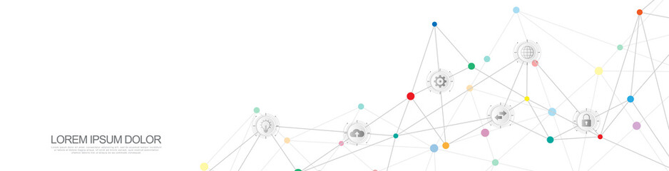 Website header or banner design with abstract technical background and connecting dots and lines. Digital technology and communication concept with flat icons.