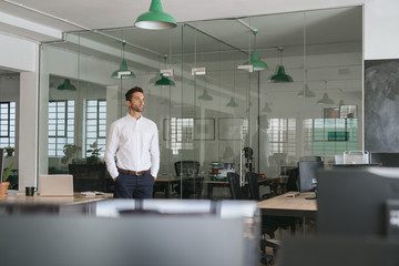 Wall Mural - Young businessman standing in an office looking deep in thought