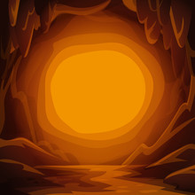 Fantastic Cavern Background. Cartoon Cave With Stalactites And Spotlight Copy Space For Text.