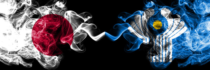 Japan vs Commonwealth smoky mystic flags placed side by side. Thick colored silky smokes combination of Commonwealth and Japanese flag