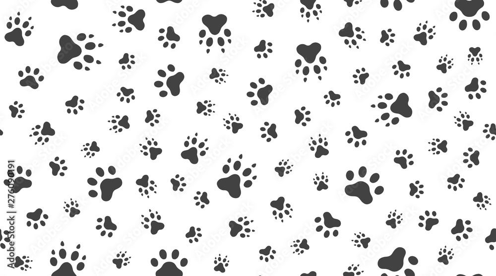 Animal tracks vector seamless pattern with flat icons. Black white color pet paw texture. Dog, cat footprint background, abstract foot print silhouette wallpaper for veterinary clinic - obrazy, fototapety, plakaty 