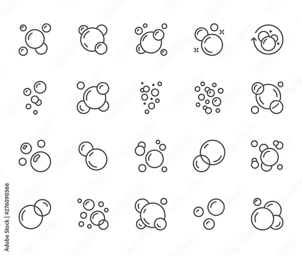 Bubbles flat line icons set. Soap foam, fizzy drink, oxygen bubble pictogram, effervescent effect vector illustrations, outline signs. Pixel perfect 64x64. Editable Strokes - obrazy, fototapety, plakaty 