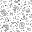 Pet shop vector seamless pattern with flat line icons of dog house, cat food, food bowl, puppy toys, animal paw. Black white color background, wallpaper for veterinary clinic