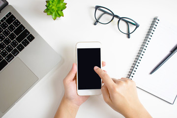 Poster - A woman holds a smartphone in the top view and has a copy area.