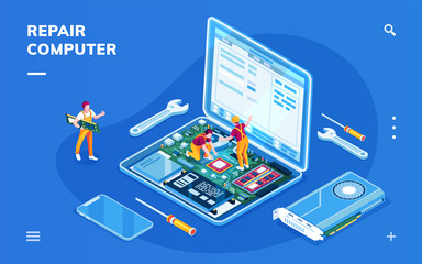 isometric screen with computer repair service for smartphone application. isometry laptop with servi