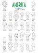 Kids and nationalities of the world vector: America. Set of 25 characters for coloring dressed in different national costumes.