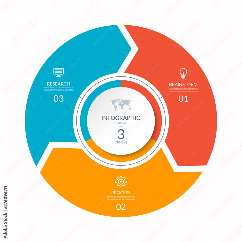 Infographic process chart. Cycle diagram with 3 stages, options, parts. Can be used for report, business analytics, data visualization and presentation. - obrazy, fototapety, plakaty 