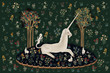 Unicorn rest illustration, poster, card in medieval tapestries style