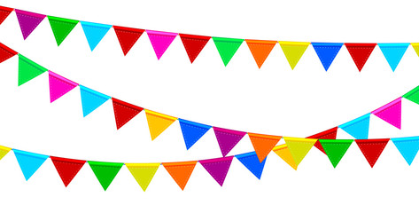 Festive garlands of colored flags. Garland of multicolored small flags for decoration. Colored checkboxes on white isolated. Background of colored flags