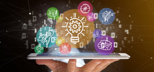 Poster - cloud of colorfull start up icon bubble with data businessman holding a binary 3d rendering