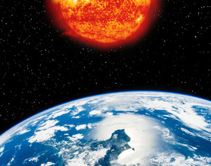 Wall Mural - Earth and sun. Distance between them. The elements of this image furnished by NASA.