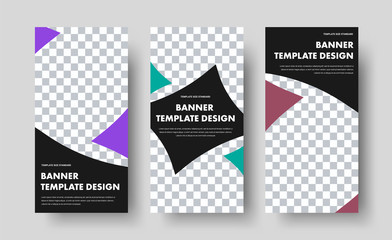 Poster - Templates for vertical black web banners with space for photos and chaotic triangular and curved shapes.