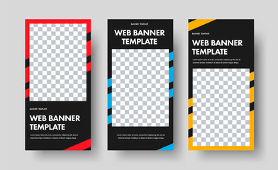 Poster - Design of vertical black web banners with a rectangular shape for the photo and color diagonal lines.