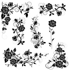 Aufkleber -  Set of decorative calligraphic design elements with vintage rose and leaves silhouette for border and frame decor. Vector illustration 