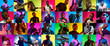 © master1305 - Collage of different photos of 5 young people in neon light on multicolored background. Listen to music, sing a song, play sax or guitar. Concept of hobby, inspirness. Colorful portrait of artists.