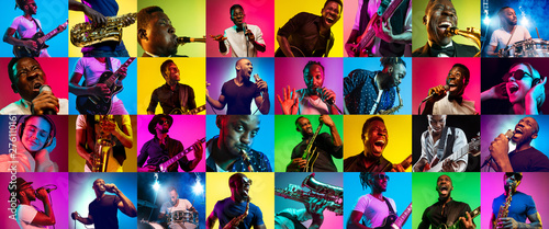 Fotomural Collage of different photos of 5 young people in neon light on multicolored background