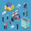 © MicroOne - Living buildings, apartment, houses security service isometric vector concept. Security protection home or building illustration