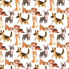  Puppy cute playing dogs characters funny purebred comic happy mammal doggy breed seamless pattern background vector illustration.