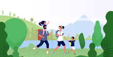 Family Hiking Nature. Man, Woman And Kids In Outdoor Mountain Landscape. Holiday Summer Adventure In Camping Vector Background. Illustration Of Family People Travel, Tourism And Hiking