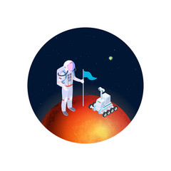 Wall Mural - astronaut and rover on mars vector illustration. isometric astronaut in a spacesuit with a flag on r
