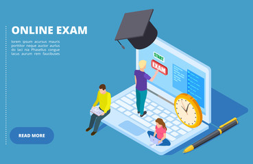 Sticker - Online exam vector isometric. Online education and examination concept with students. Illustration of isometric examination online, education and training