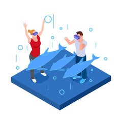 Sticker - Underwater virtual reality, happy man and woman in VR glasses with dolphins isometric vector illustration. Virtual glasses reality, man underwater sea, digital headset