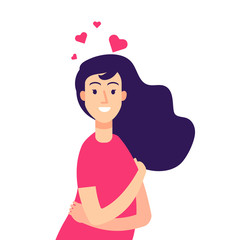 Sticker - Woman self hug. Female esteem self love, narcissistic young smiling girl self-confidence creative vector concept. Illustration of female person behavior self-esteem