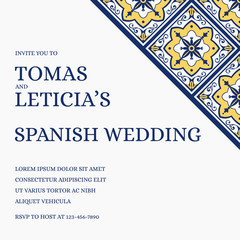 Canvas Print - Traditional wedding invite card template vector. Ethnic tile pattern with white, blue and yellow background. Sicily save the date design or summer invitation party.