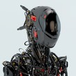 Black robot pilot with red elements and multiple cables, 3d rendering