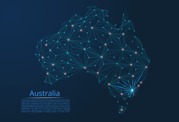 Poster - Australia communication network map. Vector low poly image of a global map with lights in the form of cities in or population density consisting of points and shapes in the form of stars and space.