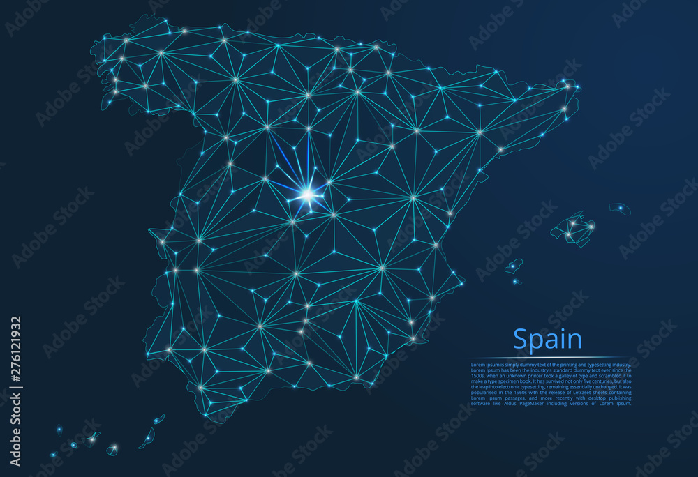 Spain Networking Spain communication network map. Vector low poly image of a global map ...