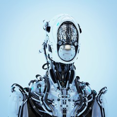 Sticker - Futuristic robotic wired pilot with visible steel brain inside, 3d rendering