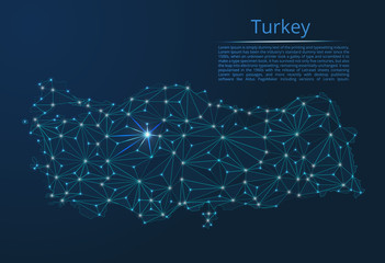 Poster - Turkey communication network map. Vector low poly image of a global map with lights in the form of cities in or population density consisting of points and shapes in the form of stars and space.