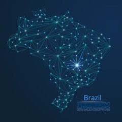 Poster - Brazil communication network map. Vector low poly image of a global map with lights in the form of cities in or population density consisting of points and shapes in the form of stars and space.