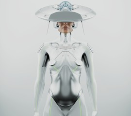 Wall Mural - White futuristic robot woman with hi-tech hat, 3d rendering