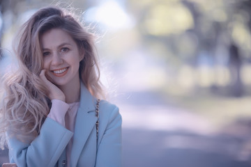 spring, female seasonal portrait / walk happy girl outdoors, spring mood girl