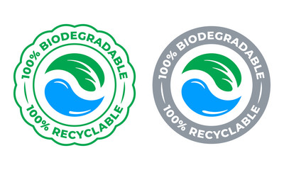 Biodegradable recyclable 100 percent label vector icon. Recycling, Eco save bio recyclable and degradable packaging green stamp logo