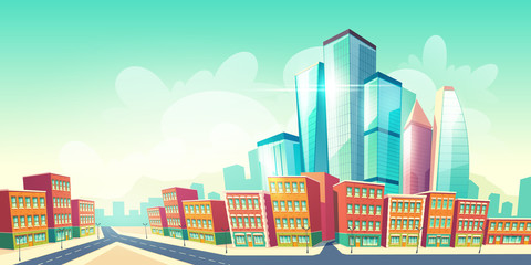 Growing future metropolis cartoon vector background with road near city old district houses, retro architecture buildings and new, modern skyscraper glass towers rising to sky in downtown illustration