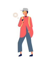 Aufkleber - Cheerful man sending messages or texting on smartphone while walking. Happy boy surfing internet or using online messenger on mobile phone. Electronic communication. Flat cartoon vector illustration.