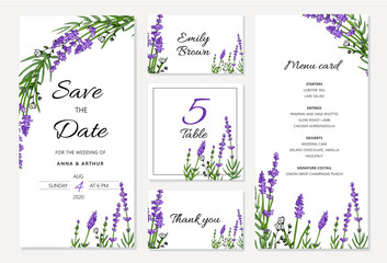 Wedding floral invitation set withlavender. Menu card, save the date and table cards, modern layout.