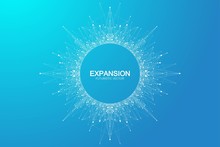 Expansion Of Life. Colorful Explosion Background With Connected Line And Dots, Wave Flow. Visualization Quantum Technology. Abstract Graphic Background Explosion, Motion Burst, Vector Illustration.