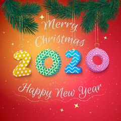 Merry Christmas and Happy New Year 2020 card with fir branches.