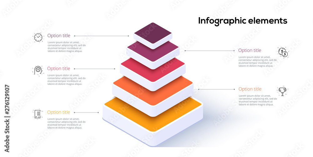 Business pyramid chart infographics with 5 steps. Pyramidal stages graph elements. Company hiararchy levels presentation template. Vector info graphic design. - obrazy, fototapety, plakaty 