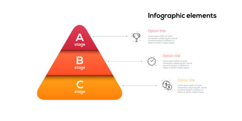 business pyramid chart infographics with 3 steps. pyramidal stages graph elements. company hiararchy