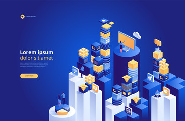 Poster - seo analytics team landing page. vector isometric illustration