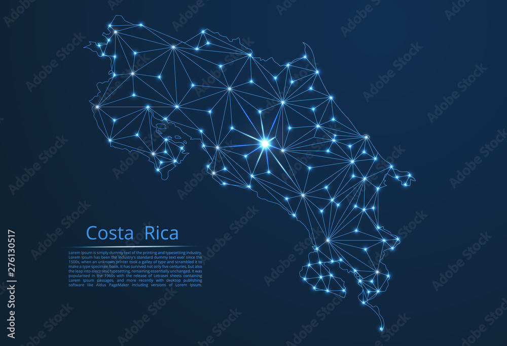 Costa Rica communication network map. Vector low poly image of a global ...