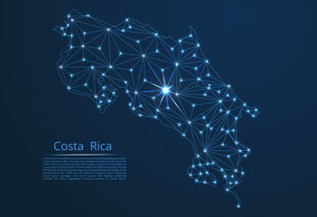 Wall Mural - Costa Rica communication network map. Vector low poly image of a global map with lights in the form of cities in or population density consisting of points and shapes in the form of stars and space.