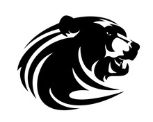 Roaring Brown Bear Head - Wild Animal Black And White Vector Portrait