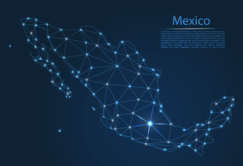 Poster - Map of Mexico connection. Vector low-poly image of a global map with lights in the form of cities or population density, consisting of points and shapes in the form of stars and space.